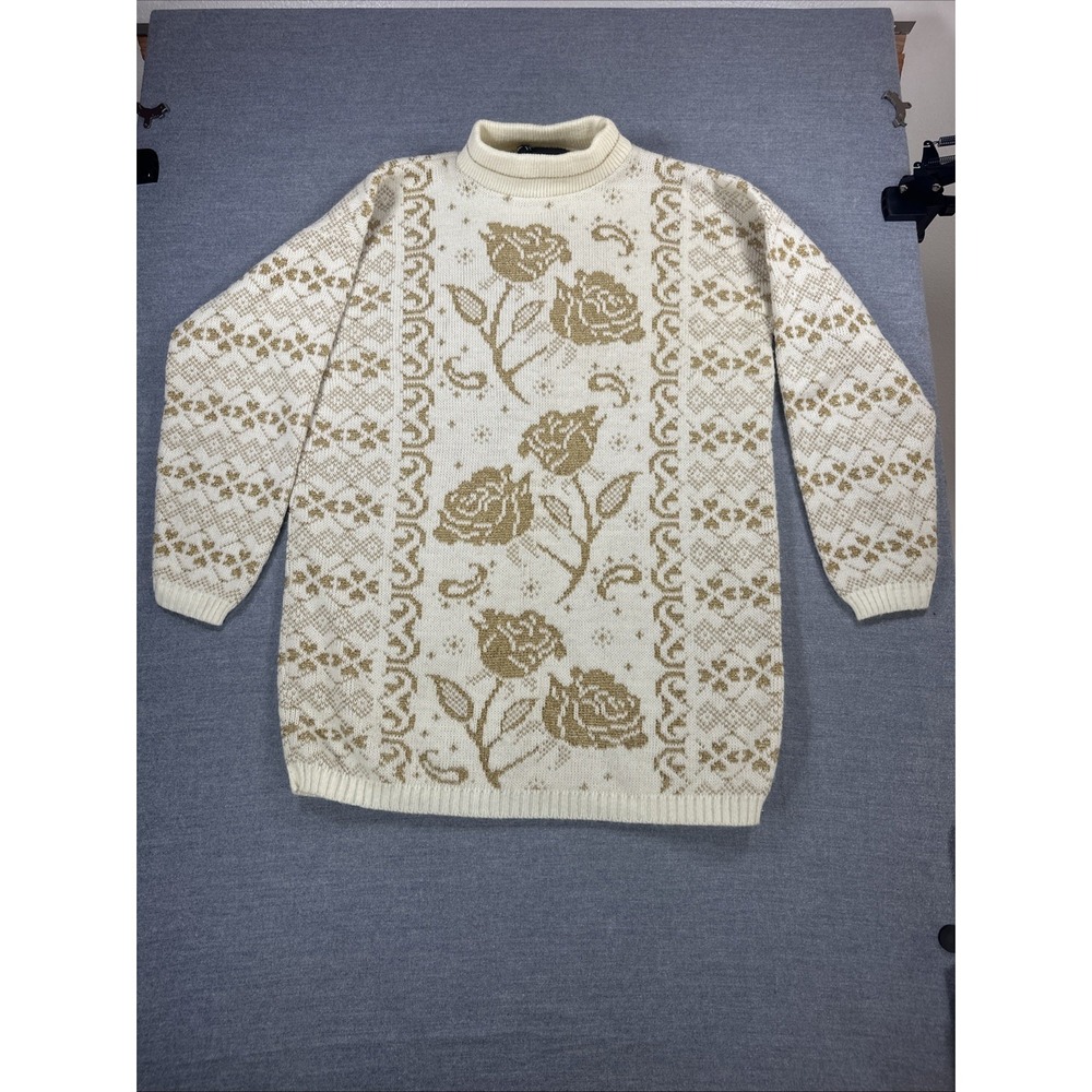 Vintage Dana Scott Sweater Women's L Gold Metallic Floral Rose Cream Knit 80s